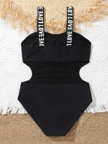 Girls Letter Tape Cut Out One Piece Swimsuit - Black - View 2