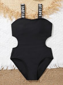 Girls Letter Tape Cut Out One Piece Swimsuit - Black - View 3