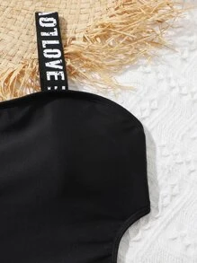 Girls Letter Tape Cut Out One Piece Swimsuit - Black - View 4