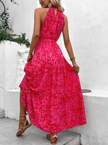 Breezaya Đầm Maxi Halter Thắt Lưng In Toàn Bộ Trang Phục Đi Biển Cho Nữ - Hồng - Xem 4