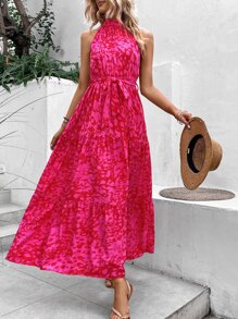 Breezaya Đầm Maxi Halter Thắt Lưng In Toàn Bộ Trang Phục Đi Biển Cho Nữ - Hồng - Xem 5