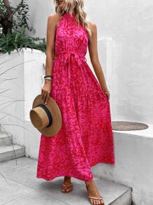 Breezaya Đầm Maxi Halter Thắt Lưng In Toàn Bộ Trang Phục Đi Biển Cho Nữ - Hồng - Xem 3