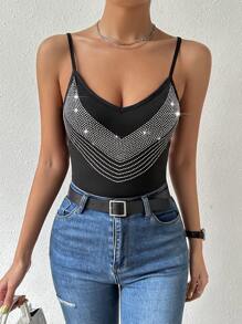 Allurite Top de tirantes con diseño de diamante de imitación - Negro - Ver 2