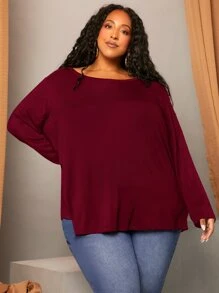 SHEIN CURVE+ Plus Solid Drop Shoulder Tee - Burgundy - View 5