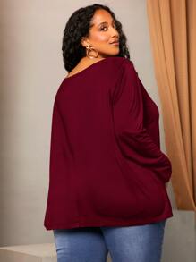 SHEIN CURVE+ Plus Solid Drop Shoulder Tee - Burgundy - View 2