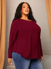 SHEIN CURVE+ Plus Solid Drop Shoulder Tee - Burgundy - View 1