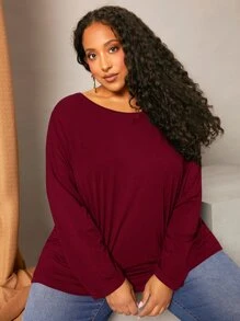 SHEIN CURVE+ Plus Solid Drop Shoulder Tee - Burgundy - View 4