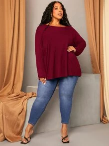 SHEIN CURVE+ Plus Solid Drop Shoulder Tee - Burgundy - View 3