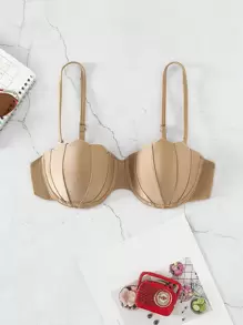 SHEIN Swim Summer Beach Scallop Trim Push Up Bikini Top - Khaki - View 1