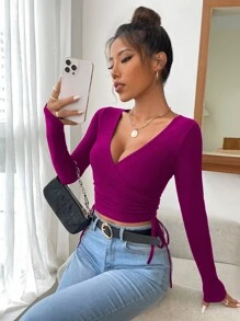 Firerie Solid Wrap Tie Side Crop Tee - Red Violet - View 4