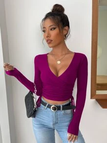 Firerie Solid Wrap Tie Side Crop Tee - Red Violet - View 6