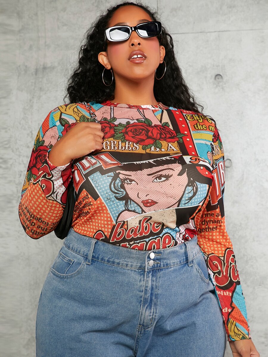 SHEIN CURVE+ Top estampado de arte pop de malla