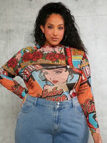 SHEIN CURVE+ Top estampado de arte pop de malla