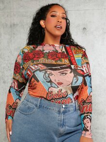 SHEIN CURVE+ Top estampado de arte pop de malla