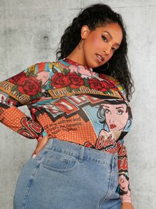SHEIN CURVE+ Top estampado de arte pop de malla