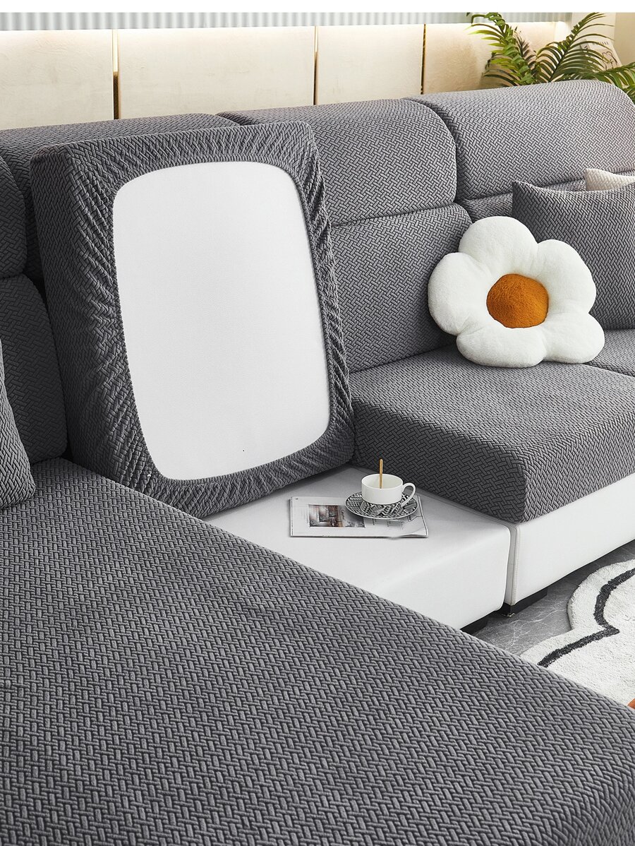 1pc Geometric Jacquard Sofa Seat Cover - Dark Grey - View 1