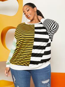 SHEIN CURVE+ Plus Striped Print Drop Shoulder Sweatshirt - Multicolor - View 7