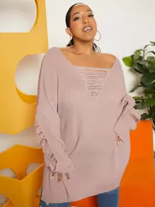 SHEIN CURVE+ Jersey desgarro escalonado de manga murciélago bajo con abertura - Rosa vieja - Ver 1