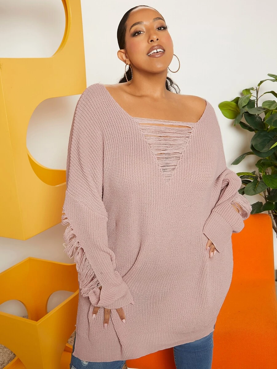 SHEIN CURVE+ Jersey desgarro escalonado de manga murciélago bajo con abertura - Rosa vieja - Ver 1