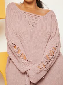 SHEIN CURVE+ Jersey desgarro escalonado de manga murciélago bajo con abertura - Rosa vieja - Ver 3