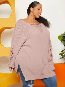 SHEIN CURVE+ Jersey desgarro escalonado de manga murciélago bajo con abertura - Rosa vieja - Ver 5
