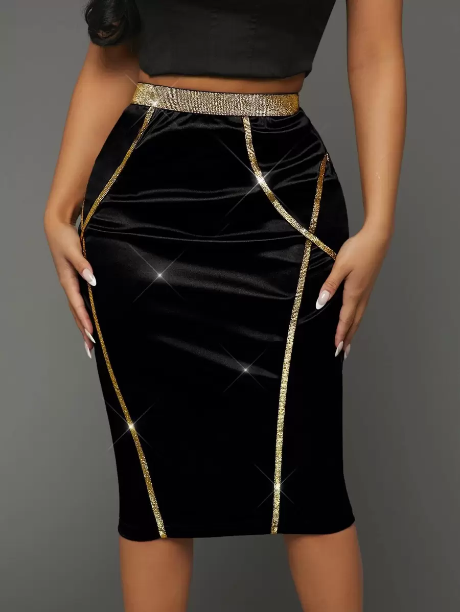 SHEIN SXY 織帶拼接絲絨鉛筆裙 - 黑色 - 查看 1