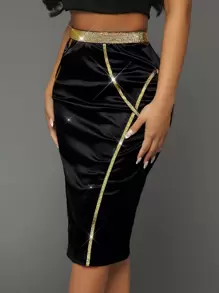 SHEIN SXY 織帶拼接絲絨鉛筆裙 - 黑色 - 查看 4