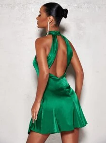 SHEIN BAE Vestido línea A unicolor de satén de cuello halter - Verde Oscuro - Ver 2