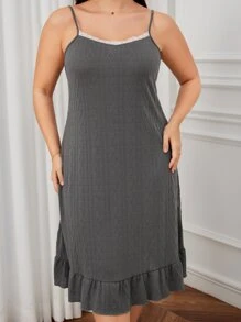Plus Contrast Lace Ruffle Hem Cami Nightdress - Dark Grey - View 3