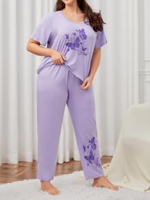 Conjunto de pijama pantalones con camiseta con estampado de mariposa - Lila Púrpura - Ver 4