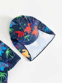 Baby Boy Dinosaur Print One Piece Swimsuit With Swim Cap - Navy Blue - View 3
