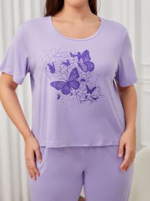 Conjunto de pijama pantalones con camiseta con estampado de mariposa - Lila Púrpura - Ver 5