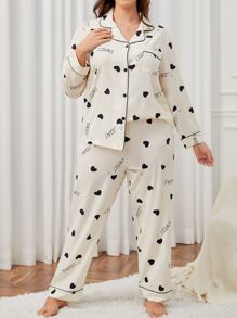 加上爱心和字母图案对比滚边睡衣套装/睡衣套装