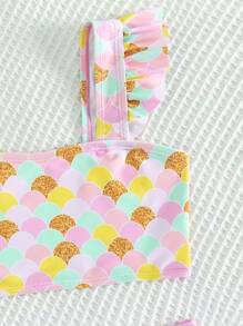 年轻女孩鱼鳞印花荷叶边比基尼套装夏季海滩 - 彩色 - 查看 3