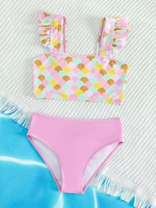 年轻女孩鱼鳞印花荷叶边比基尼套装夏季海滩 - 彩色 - 查看 5