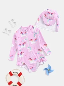 寶寶女孩卡通圖形荷葉邊單片式游泳衣和游泳帽