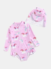 寶寶女孩卡通圖形荷葉邊單片式游泳衣和游泳帽