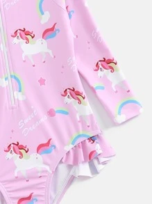 寶寶女孩卡通圖形荷葉邊單片式游泳衣和游泳帽