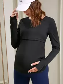 SHEIN Maternity Solid Nursing Tee - Black - View 3