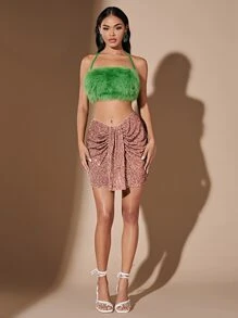 SHEIN BAE Draped Ruched Sequin Bodycon Skirt - Champagne - View 5