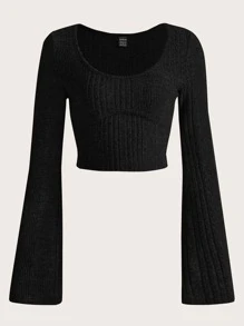 SHEIN EZwear Scoop Neck Bell Sleeve Crop Tee - Black - View 1