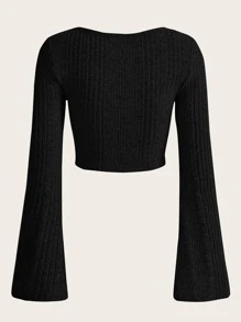 SHEIN EZwear Scoop Neck Bell Sleeve Crop Tee - Black - View 2