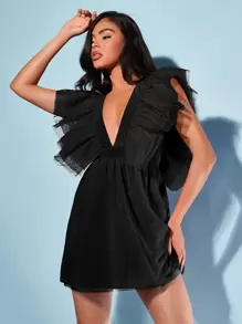 SHEIN BAE Plunging Neck Layered Ruffle Trim Tie Backless Mesh Overlay Dress - Black - View 4