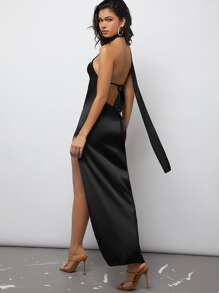 SHEIN BAE 後背繫帶高衩緞面掛脖連衣裙 - 黑色 - 查看 2