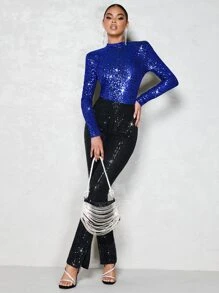 SHEIN BAE 水鑽鏈條細節露背小高領亮片連體衣 - 寶藍色 - 查看 3