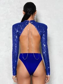 SHEIN BAE 水鑽鏈條細節露背小高領亮片連體衣 - 寶藍色 - 查看 5
