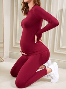 SHEIN Maternity Solid Thumb Hole Tee & Leggings - Rose Red - View 2