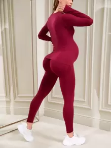 SHEIN Maternity Solid Thumb Hole Tee & Leggings - Rose Red - View 1