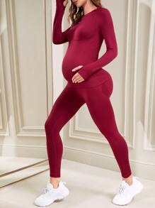 SHEIN Maternity Solid Thumb Hole Tee & Leggings - Rose Red - View 4