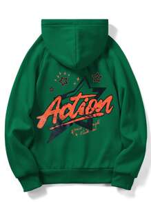 ROMWE MEN Prep Men Letter Graphic Raglan Sleeve Drawstring Thermal Lined Hoodie - Green - View 1